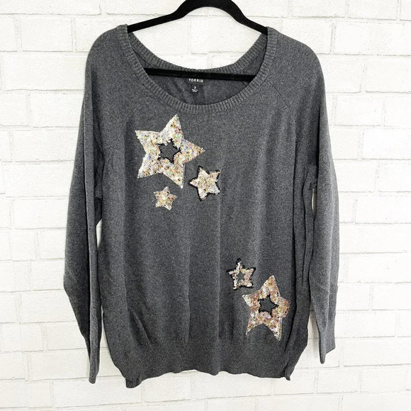 Torrid Gray 100% Cotton Sequin Stars Pullover Sweater Women's Plus Size 2X - Picture 1 of 8